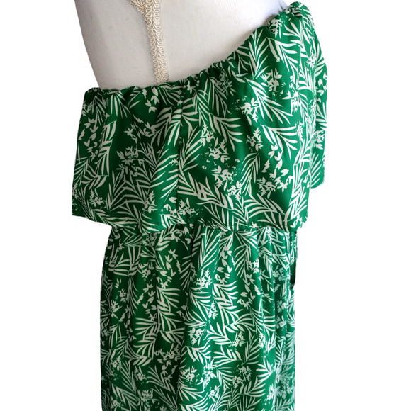 Womens Green Leaf Print Strapless Ruffle Drawstring Long Maxi Dress Size Large - Picture 9 of 9